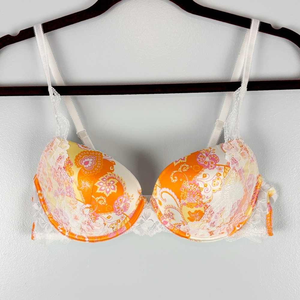 Adore Me Vibrant Orange and White Lace Bra Rochelle Push Up Sz 36B Boho Tropical